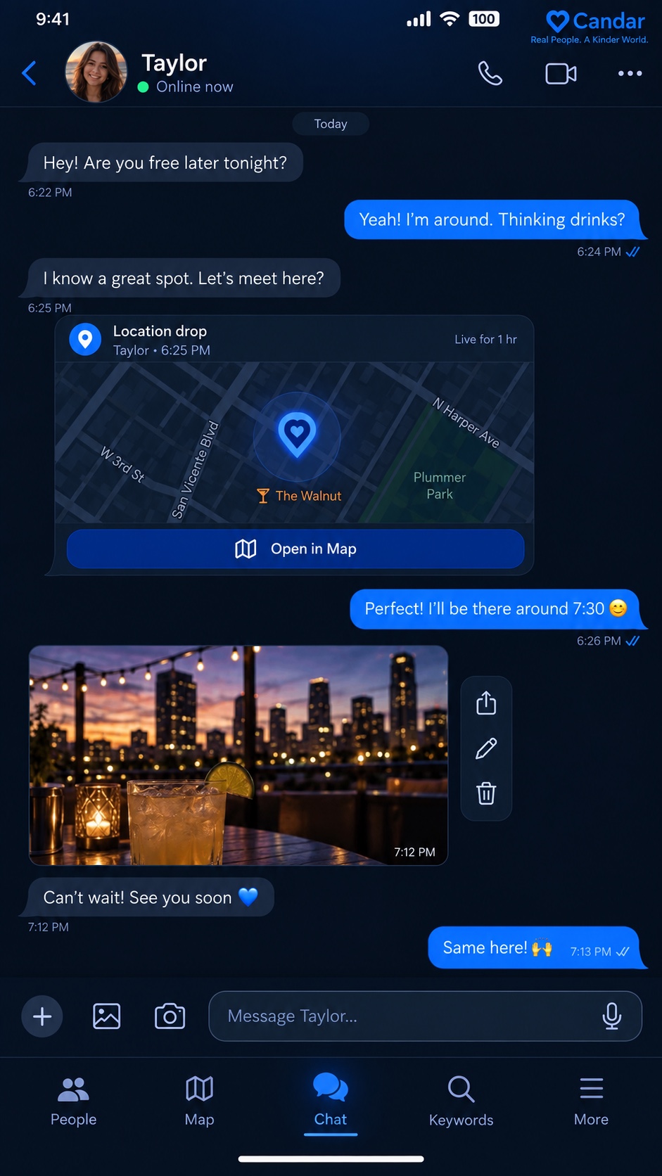 Candar Chat and Location Drop screen